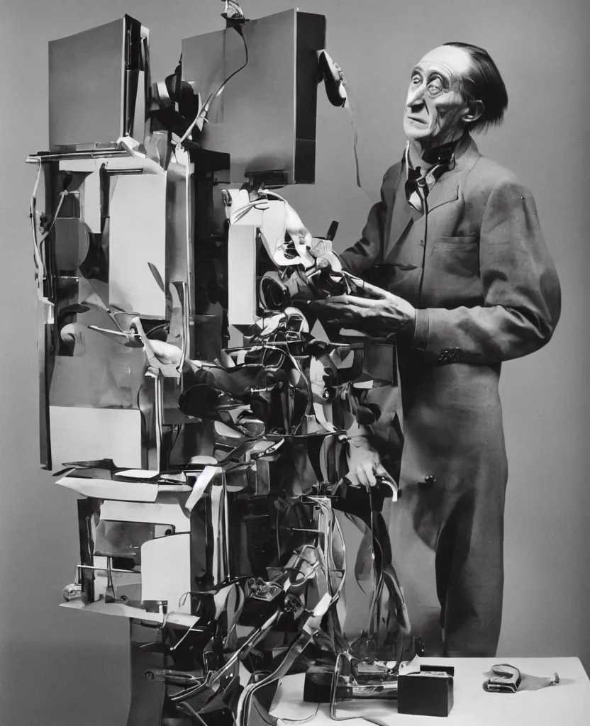 Prompt: Kodachrome portrait of Marcel Duchamp with a technological machine, archival pigment print in the style of Hito Steyerl, studio shooting, contemporary art