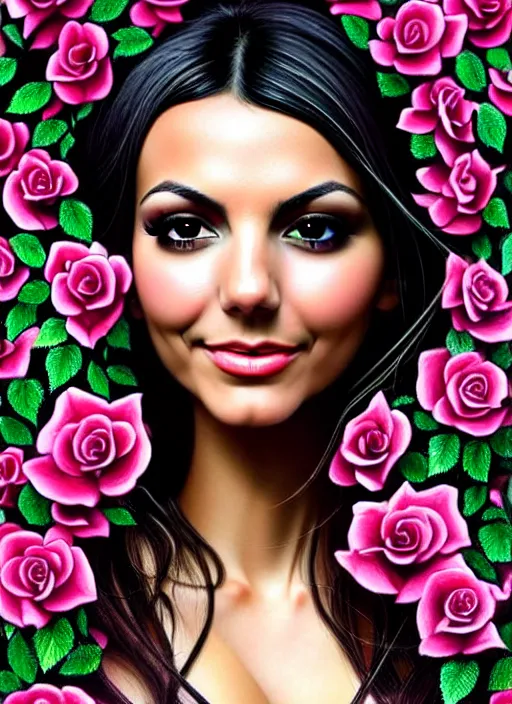 Image similar to amazingly complex portrait of Victoria Justice laying in a bed of black roses as a goddess staring curiously at you. soft detailed painting at 16K resolution and amazingly epic visuals. epically beautiful image. amazing effect, image looks gorgeously crisp as far as it's visual fidelity goes, absolutely outstanding. vivid clarity. ultra detail. iridescent. mind-breaking. mega-beautiful pencil shadowing. beautiful face. Ultra High Definition. soft shading. soft texture. intensely beautiful.