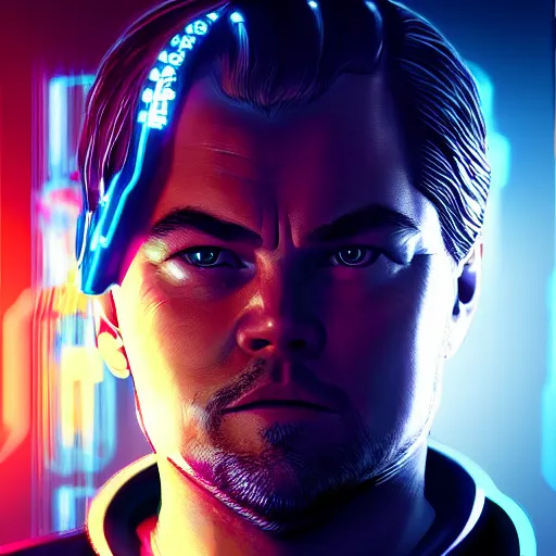 Image similar to leonardo dicaprio portrait, Cyberpunk 2077, cyberpsycho, photorealistic, ultra detailed, neon, octane, bokeh, cyber, cyberpunk city, feature, scars, cyberface, 8k