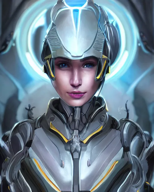 Image similar to perfect aidra fox, warframe armor, beautiful, dreamy, pretty face, blue eyes, portrait, bright light, scifi, utopian architecture in the background, laboratory, ultra realistic, intricate, glow, cinematic, extreme details, focused, masterpiece, art by seunghee lee, blair armitage