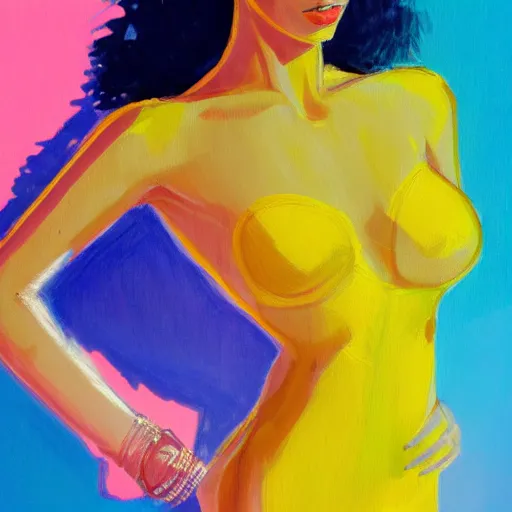 Image similar to a photo of a woman wearing a yellow dress with one leg revealed, detailed body structure, detailed face with pink lips and blue eyes, highly detailed, high contrast, beautiful lighting, award winning, trending on art station, 8 k,