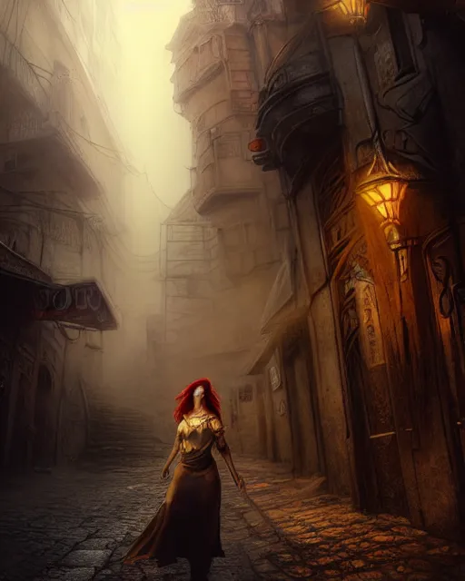 Image similar to mage, woman, portrait, dirty alley, a beautiful fantasy city, made from white stone and bright gold, built on the side of a volcano, gondor, misty, red sky, medieval city, metropolis, gorgeous clouds, god rays, fantasy art, octane render, ureal engine, high detail, alphonse mucha, greg rutkowski, james gurney, johannes voss