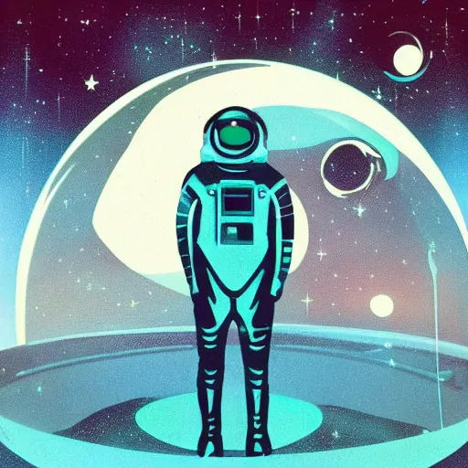 Prompt: “retro sci-fi 1950’s astronaut in-front of a futuristic glass city, reflection of a female shadow silhouette on glass helmet, under stars and moon, art deco, 1950’s, glowing highlights, teal palette, modern”