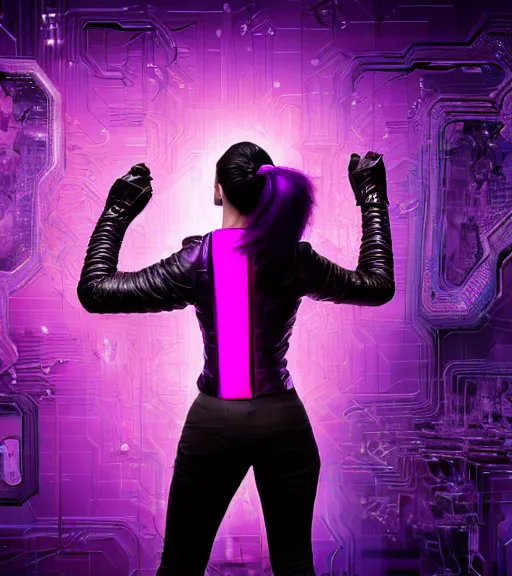 Prompt: back shot, looking away from viewer, woman with black ponytail in sci - fi leather armor, purple, by dariusz zawadzki, kenneth blom, mental alchemy, james jean, pablo amaringo, naudline pierre, intricate, contemporary art, glitch, neon color palette, hyper detailed, rendered in octane