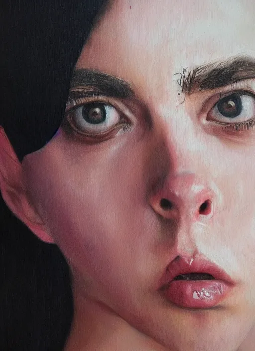 Image similar to realistic oil painting highly detailed billie eilish looking at you, dark background