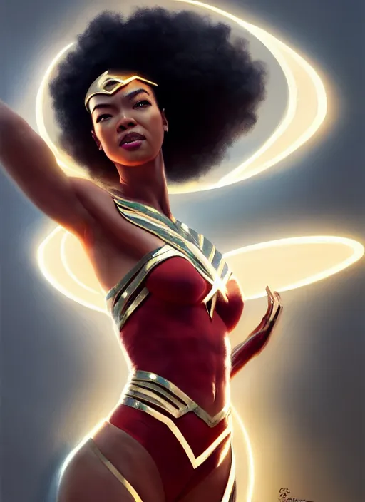 Image similar to portrait of modern darna, sonequa martin - green, intricate, elegant, glowing lights, highly detailed, digital painting, artstation, glamor pose, concept art, smooth, sharp focus, illustration, art by wlop, mars ravelo and greg rutkowski