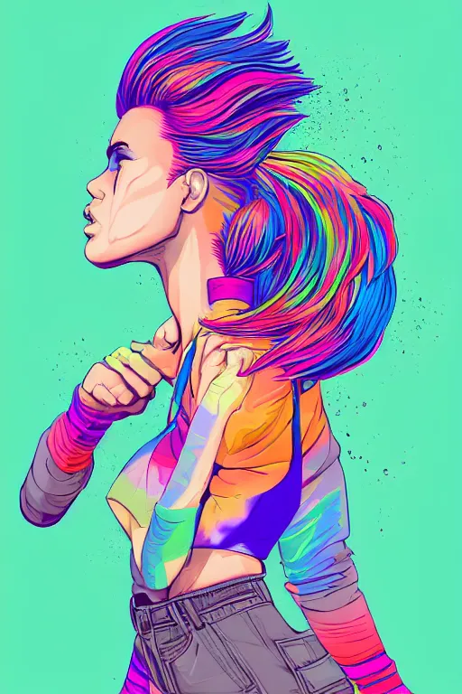 Image similar to a award winning half body portrait of a beautiful woman with stunning eyes in a printed croptop and cargo pants with rainbow colored ombre hairstyle head in motion and hair flying by josan gonzales, outrun, vaporware, shaded flat illustration, digital art, trending on artstation, highly detailed, fine detail, intricate