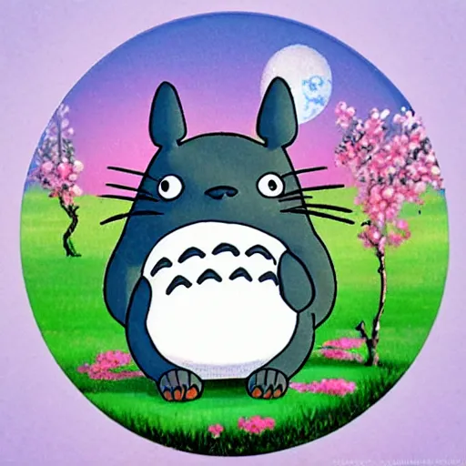 Image similar to Totoro in a cherry blossom field ghibli theme