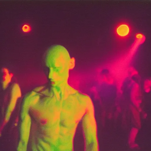 Prompt: incredible landscape photograph of a rave on Jupiter attended by 1980s humanoid aliens, pensive dancing, kodak portra 800, grainy photograph, award winning portrait photography