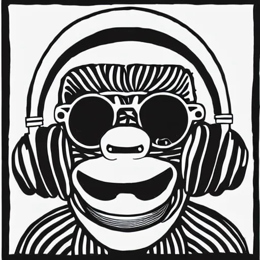 Prompt: mcbess illustration of a monkey wearing headphones and sunglasses, rainbow gouache