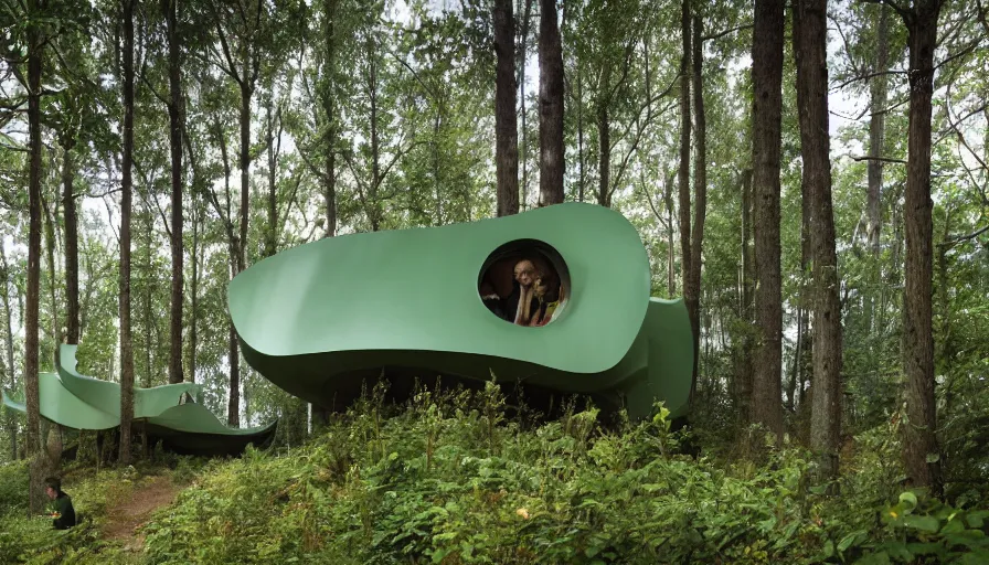 Image similar to A unique innovative and creative eco community of small affordable and contemporary creative cabins in a lush green forest with soft rounded corners and angles, 3D printed line texture, made of cement, connected by sidewalks, public space, and a park, Design and style by Zaha Hadid, Wes Anderson and Gucci