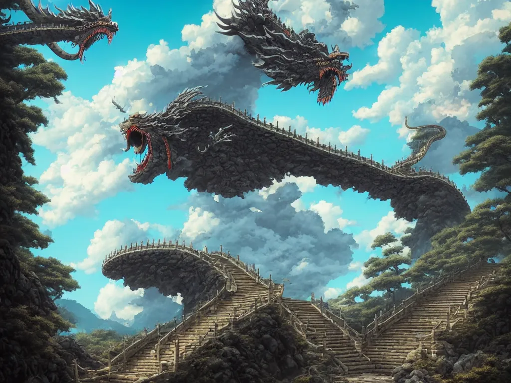 Image similar to a simple shinto gate stands atop stone stairs on a mountain, a single chinese dragon by toriyama akira flies in the clouds above by peter mohrbacher and dan mumford and nekro, cgsociety, volumetric light, 3 d render