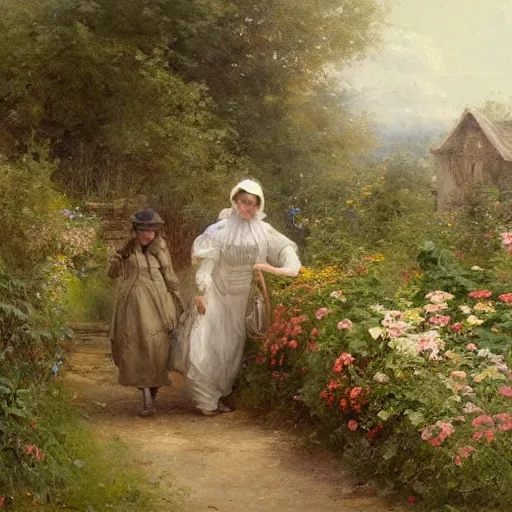 Image similar to remove people. no people. no figures. jean-Baptiste Monge and Solomon Joseph Solomon and Richard Schmid and Jeremy Lipking victorian genre painting portrait painting of an english country cottage with a stone path and flower garden