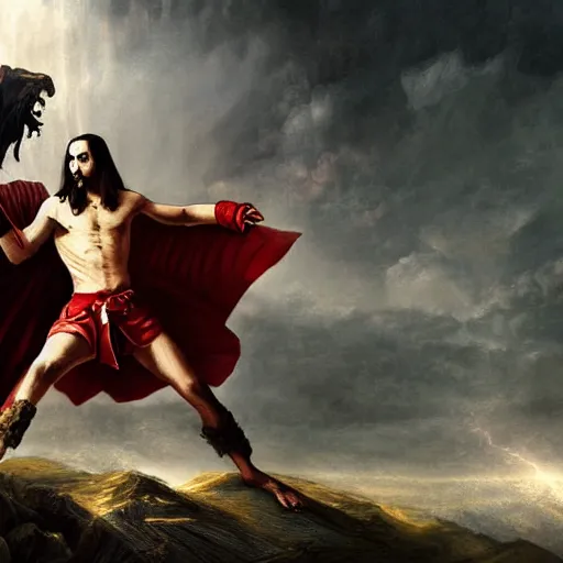 Image similar to dracula fighting jesus, digital art, highly detailed, epic composition, cinematic lightning