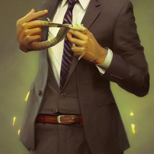 Image similar to banana in a business suit, artists portrait, fantasy, highly detailed, digital painting, concept art, sharp focus, depth of field blur, illustration, art by artgerm and greg rutkowski and alphonse mucha