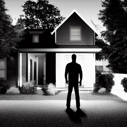 Image similar to silhouetted man standing outside suburban house, moody, shadows, night, creepy lighting, ultra - realistic, artstation award, show figure, silhouette, lighted windows, illustration, concept art, neighborhood house