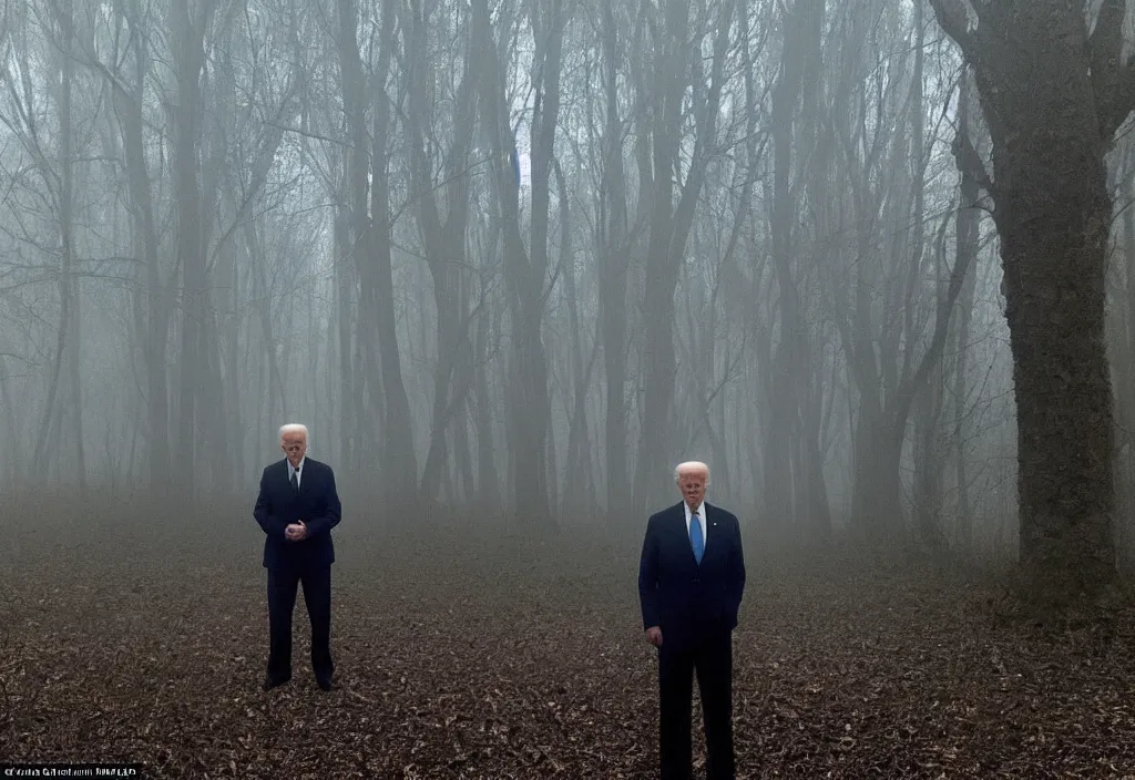 Image similar to low quality iphone photo of joe biden standing ominously in the foggy woods with a demonic smile in his face, creepy, far away