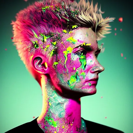 Image similar to portrait made out of exploding paint, punk rock women, short blond hair, octane render, highly detailed, realistic, beautiful, splashes of neon, comic book art