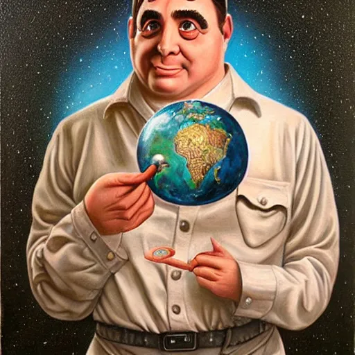 Image similar to a cute gomer pyle holds the universe in his hand, an ultrafine detailed painting by mark ryden, trending on deviantart, pop surrealism, whimsical, lowbrow, grotesque