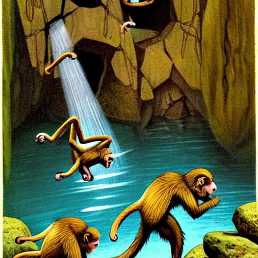 Prompt: Fantasy illustration by Clyde Caldwell - The monkeys chirrup loudly, a cacophonous din reverberating throughout the cavern. They leap into the air and land on the rocks, chittering and screeching to one another. One of them grabs a rock and hurls it into the pool. It splashes loudly, but the monkeys do not recoil. You see tattered strings of rope and cloth tied around their necks, to which they have affixed baskets that they carry beside them.