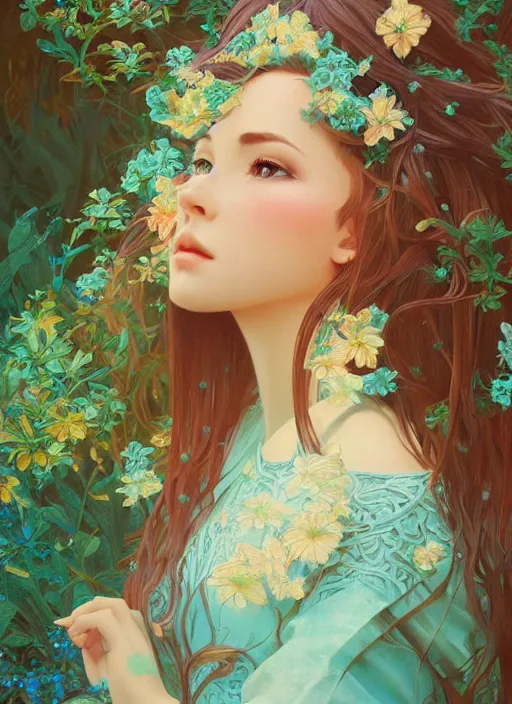 Prompt: beautiful girl with long turqoise hair, in a garden, cute, intricate, highly detailed, digital painting, trending on artstation, concept art, smooth, sharp focus, backlit, rim light, vivid colors, illustration, unreal engine 5, 8 k, art by rossdraws and alphonse mucha