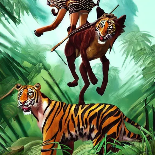 Prompt: girl riding giant tiger in the jungle, trending on artstation