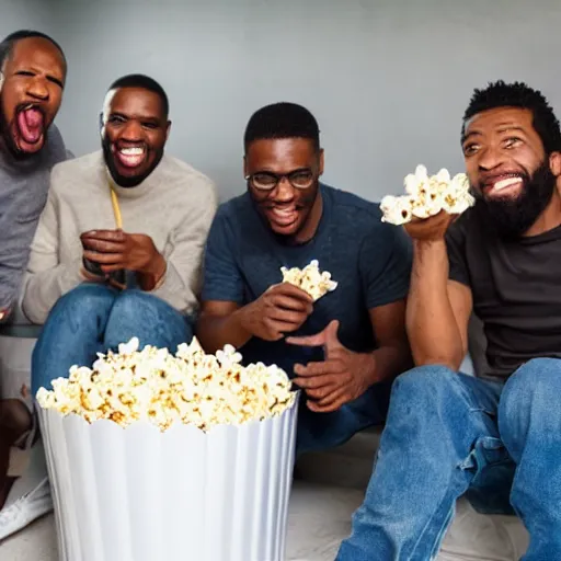 Prompt: a group of black men eating from a tub of popcorn with an amused look on their faces