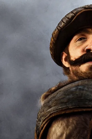 Image similar to very very intricate photorealistic photo of a realistic human version of luigi wearing his hat in an episode of game of thrones, photo is in focus with detailed atmospheric lighting, award - winning details