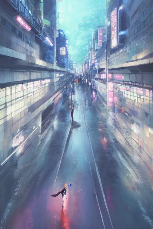 Image similar to 3d ultra realistic anime illustration, two schoolgirls and cat flying on huge japanese elevated subway at rainy night. deep and complex composition. pastel smooth colors. style of Hiro Kiyohara anime. redshift, octane, trending on artstation, cinematic, oil painting