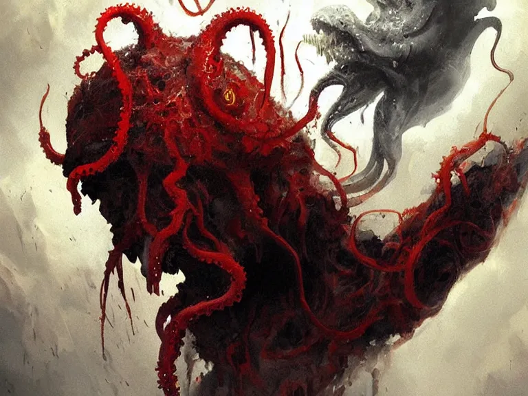 Image similar to painting by greg rutkowski of a flying human head with tears running down it's face face that is chalk white in color, with tentacles coming of the neck, fiery scorching red eyes, flying in a terrying hellish dark cavernous place