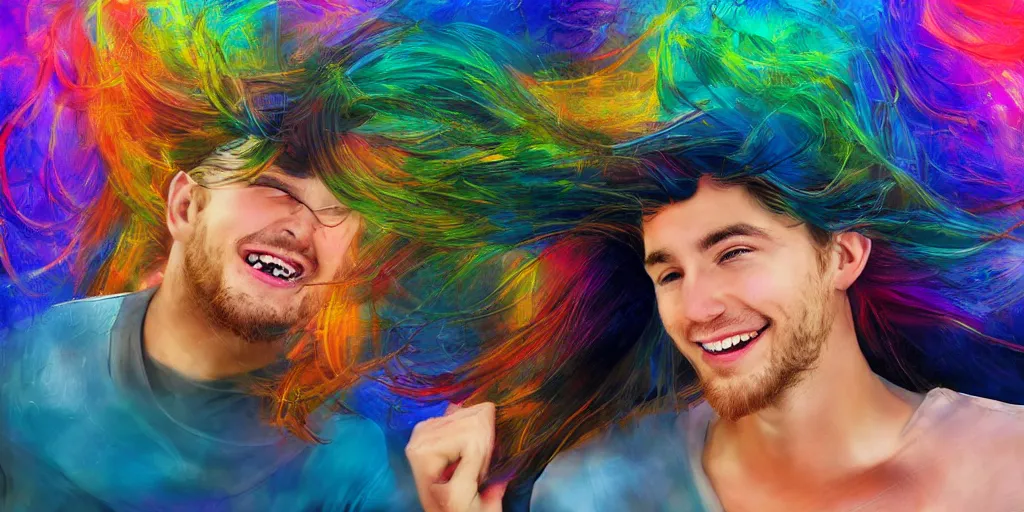 Image similar to beautiful young man smiling running his hand through his hair, digital art, colourful, digital art, realistic, seductive.