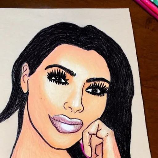 Prompt: Kim Kardashian, poorly drawn and colored in wax crayon by a five-year old