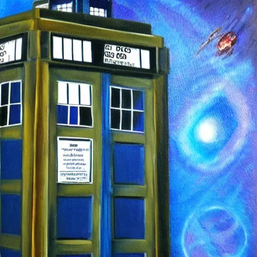 Image similar to oil painting of the tardis from dr who flying through space. rochester blot test. beautiful. space.