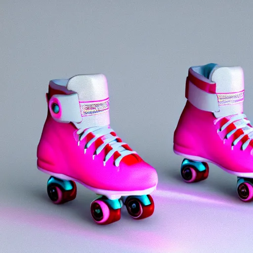 Image similar to a pair of white retro! roller skates with cyan wheels on a pedestal!! in an empty white room, octane render, 3 d, pink lightning, neon!! light