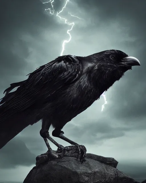 Prompt: a close up portrait of an angry crow, standing on a rock in a storm, lightning, dramatic clouds, digital matte painting, fantasy art, moody, dark, brooding, forests, trending on artstation, cgsociety, unreal engine