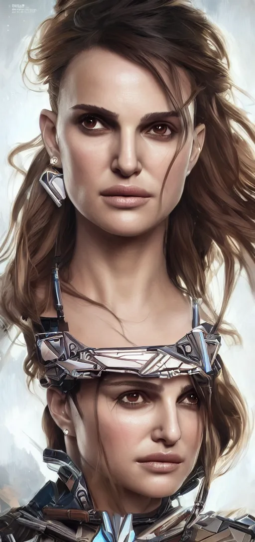 Image similar to symmetry!! portrait of natalie portman in the style of horizon zero dawn, machine face, intricate, elegant, highly detailed, digital painting, artstation, concept art, smooth, sharp focus, illustration, art by artgerm and greg rutkowski and alphonse mucha, 8 k