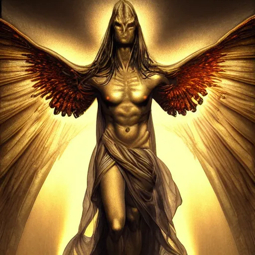 Image similar to photorealistic biblically accurate demonic alien archangel the style of michael whelan and gustave dore. hyperdetailed photorealism, 1 0 8 megapixels, amazing depth, glowing rich colors, powerful imagery, psychedelic overtones, 3 d finalrender, 3 d shading, cinematic lighting, artstation concept art