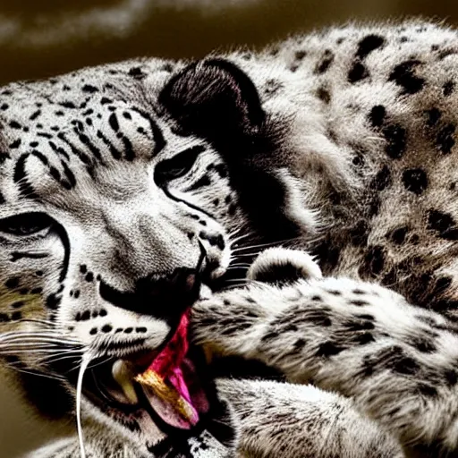 Image similar to a snow leopard with a blunt in his mouth smoking, award-winning photograph