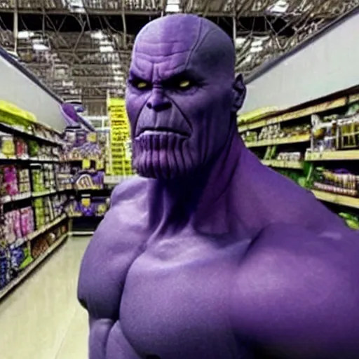 Prompt: thanos stuck in a walmart looking for his mom,