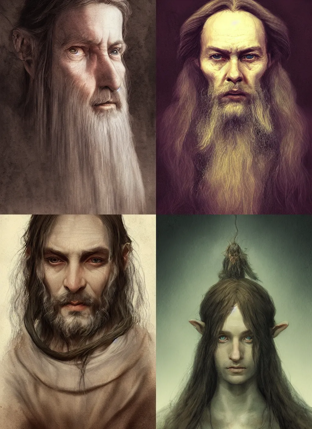 Prompt: portrait of a gentle and wise elve with long hairs in alan lee and marc simonetti and emil melmoth style , cinematic lighting
