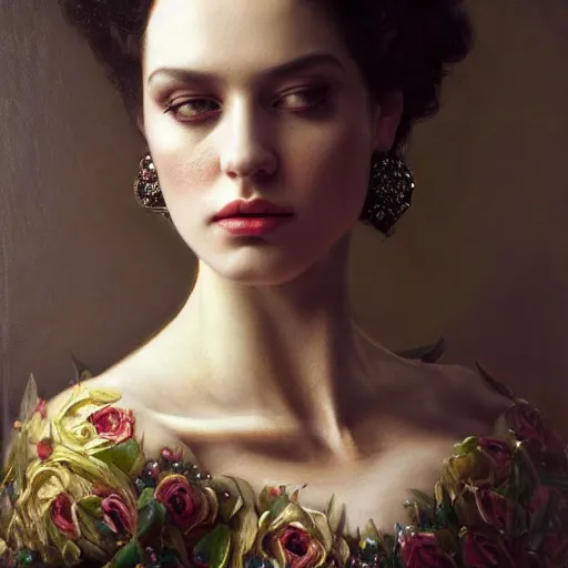 Image similar to highly detailed oil painting | very intricate | cinematic lighting | award - winning | portrait of the queen of roses dressed by alexander mcqueen | by roberto ferri, by tom bagshaw, by j. c. leyendecker and klimt, american romanticism, by austin osman spare, artstation, cgsociety, official art, octane