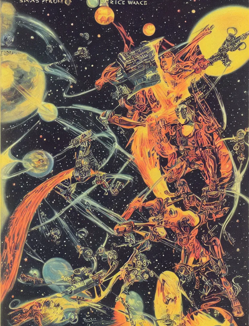 Prompt: Beautiful female badass space wizard in retro science fiction cover by Kelly Freas (1965), vintage 1960 print, detailed