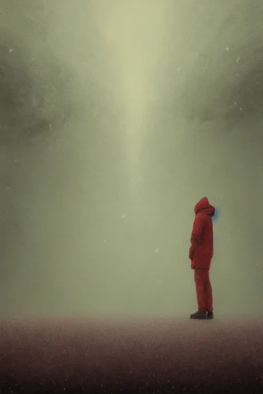 Image similar to a painting of a person standing in the snow, blizzard, a surrealist painting by zdzisław beksinski and by alena aenami, deviantart, nuclear art, dystopian art, apocalypse landscape, red color scheme, surrealist