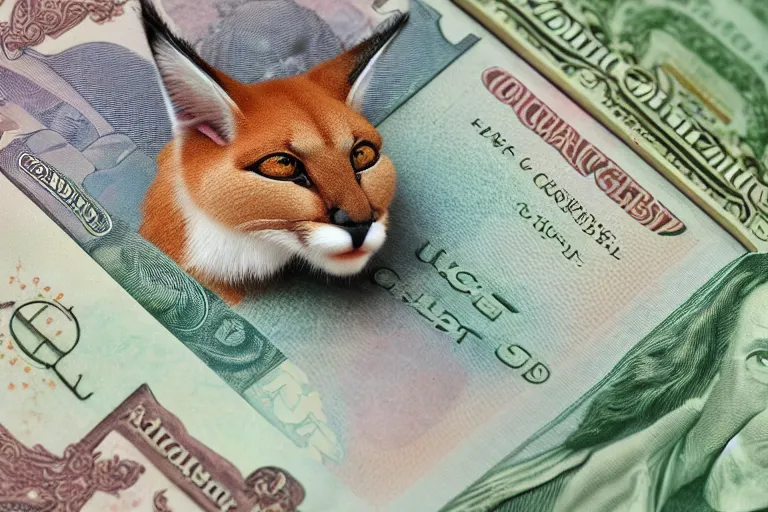 Image similar to one dollar banknote with face of cute caracal on it, photo realistic, ultra detailed, 8k, bokeh, sharp focus