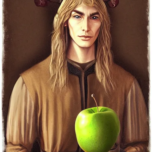 Image similar to realistic portrait of a slender elven man, standing in an apple orchard, dressed in medieval clothes, very handsome, dungeons and dragons
