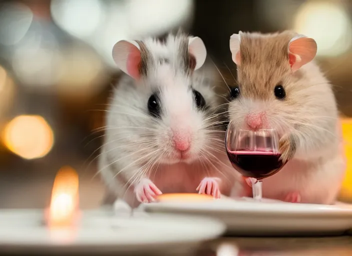 Prompt: photo of a hamsters on a date, stuck in a glass of wine, at night, faded colors, candlelit restaurant table, various poses, soft light, centered, sharp focus, 8 k