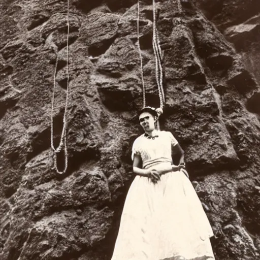 Prompt: a vintage photo of Frida kahlo rock climbing and wearing a wedding dress, 8k