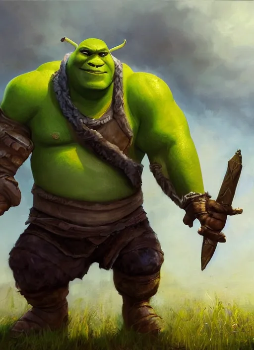 Prompt: dramatic oil painting of full body shrek as thrall from world of warcraft, artstation, shrek, epic, dramatic,