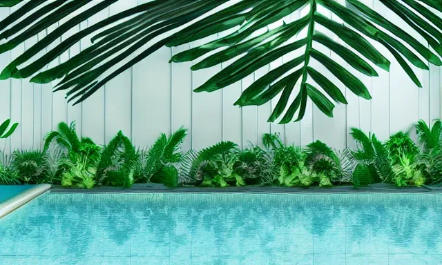 Image similar to 3d render of indoor pool with ferns and palm trees, pool tubes, chromatic abberation, dramatic lighting, depth of field, 80s photo