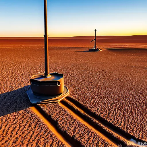 Image similar to mobile camoflaged rugged weather station sensor antenna on tank tracks, for monitoring the australian desert, XF IQ4, 150MP, 50mm, F1.4, ISO 200, 1/160s, dawn